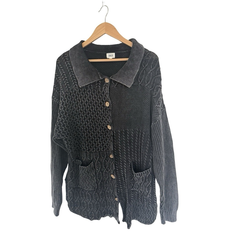 Women's BKE Buckle Washed Black Cable Knit Cardigan Chunky Sweater XL